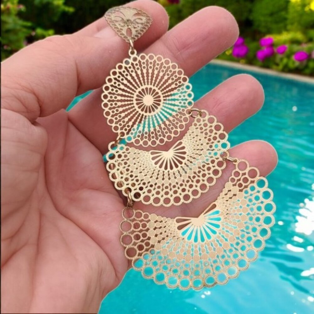 MOROCCO Gold Filigree Disc Earrings Long Boho Statement Festival Dangle Discs - Picture 3 of 9